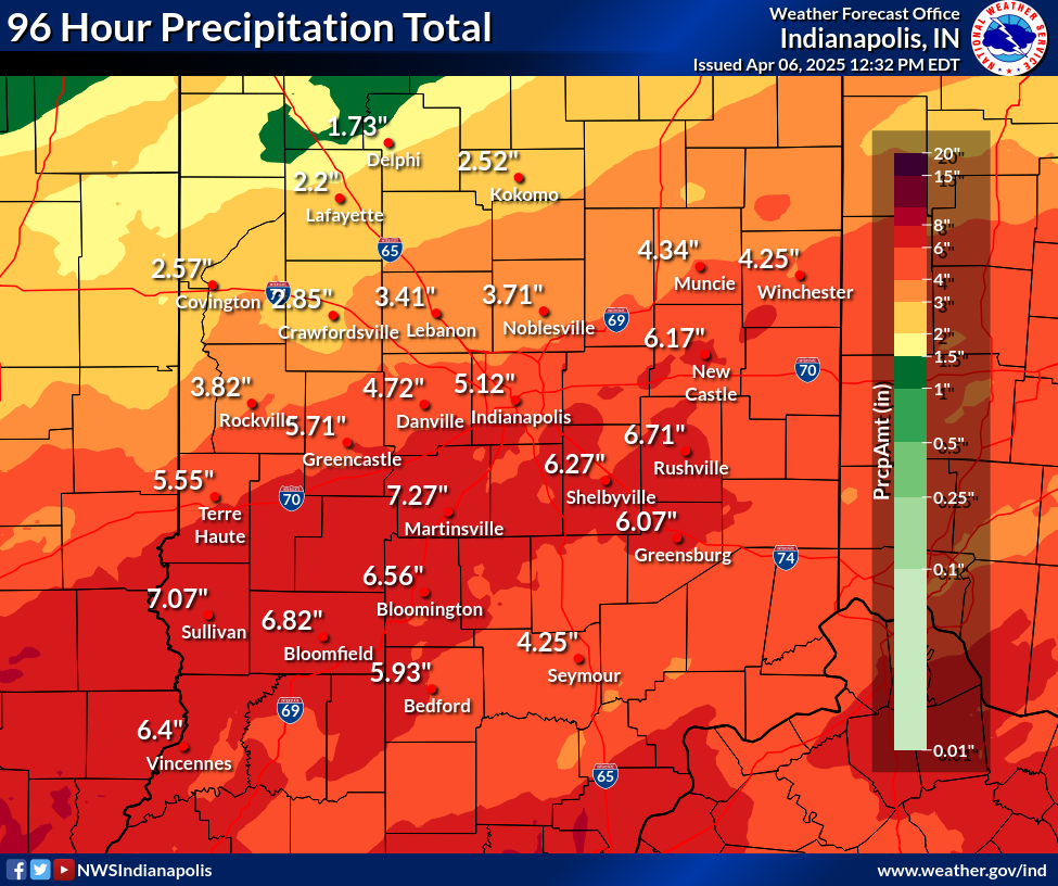 96 hour rain totals showing 7+ inches for some areas south of I-70