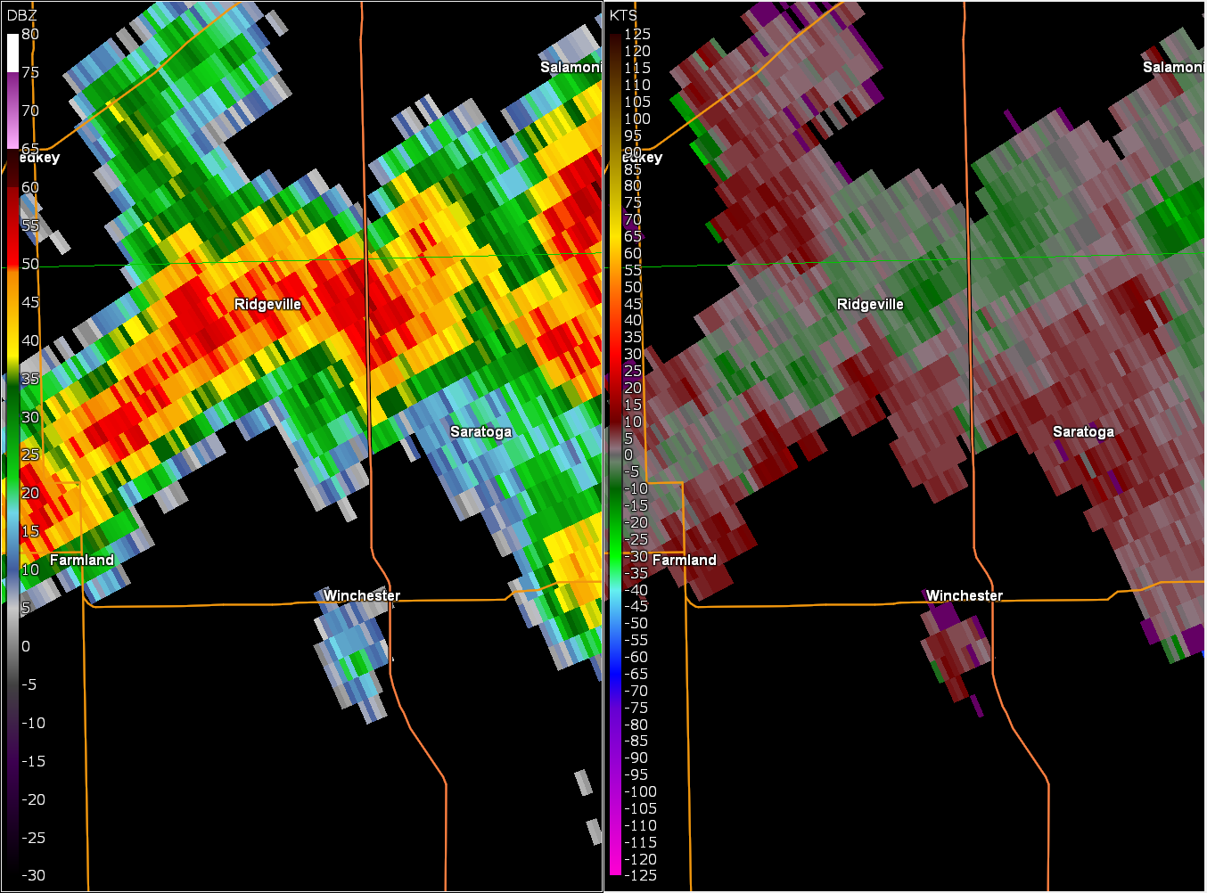 Radar and Storm Relative Velocity at 3:29 PM EDT