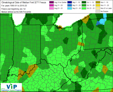 Fall Freeze, Average 32 degree date map