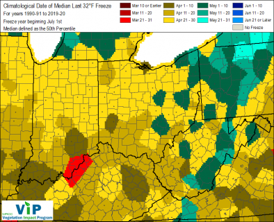 Spring Final Freeze, Average 32 degree date map