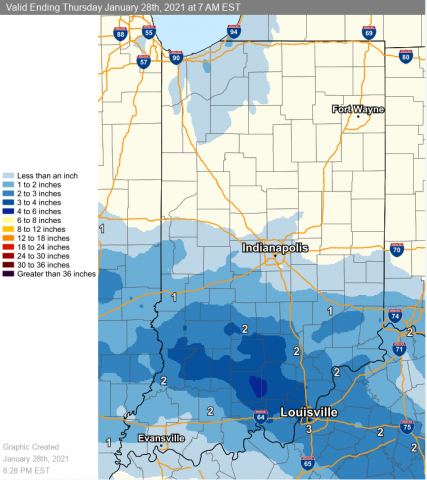 Map of snowfall ending at 7 AM EST January 28