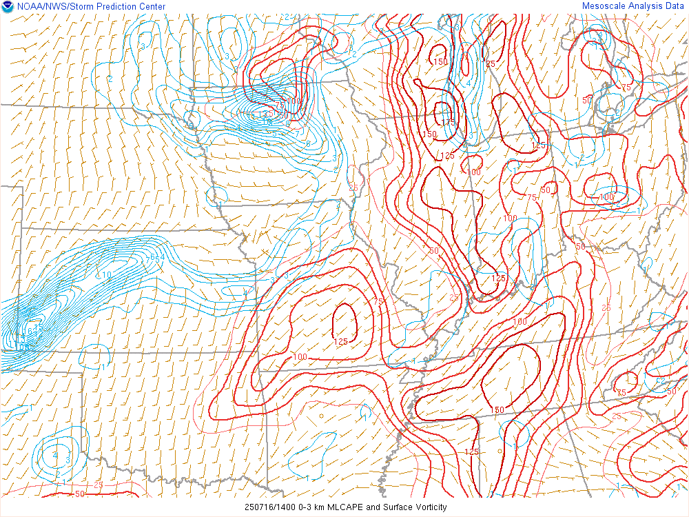 Environment - 0-3lm MLCAPE and Surface Vorticity at 10 AM EDT