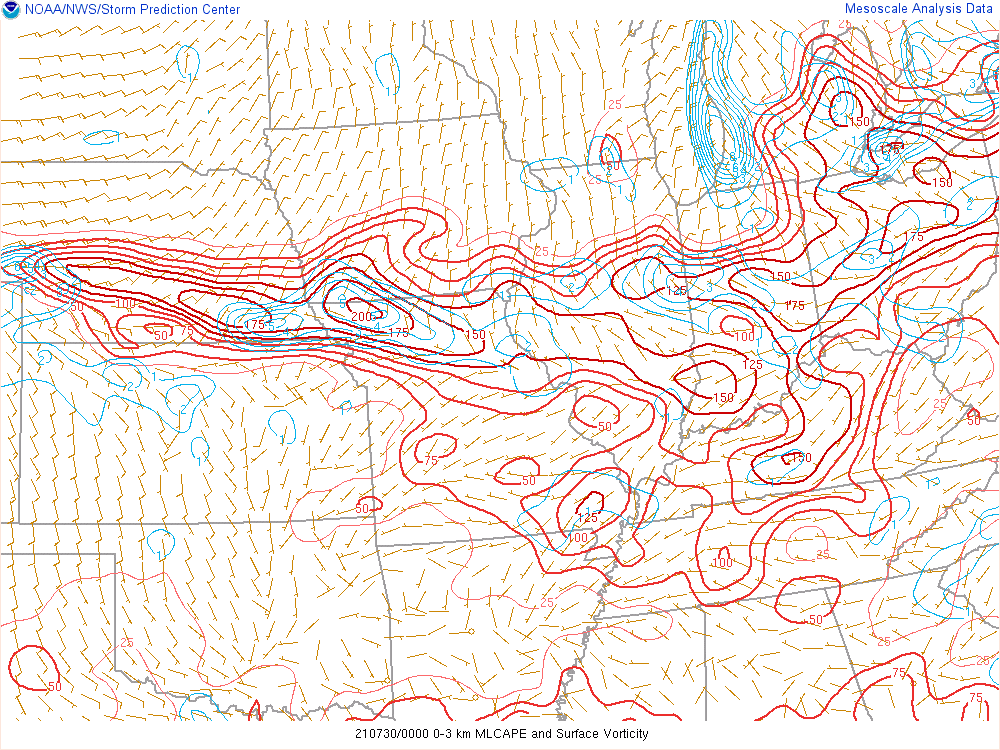 Environment - 0-3km CAPE and Surface Vorticity at 8 PM EDT