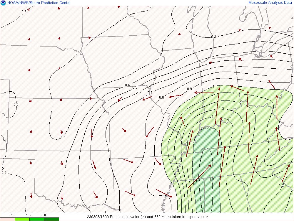 Environment - Precipitable Water and Moisture Transport at 16Z
