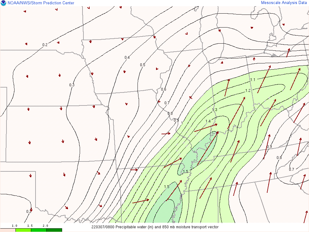 Environment - Precipitable Water and Moisture Transport at 3:00 AM EST March 7