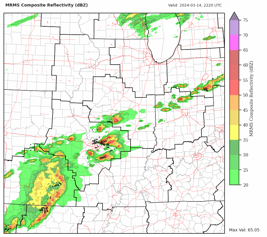 MRMS Composite Reflectivity (dBZ). Black specs depictÂ 