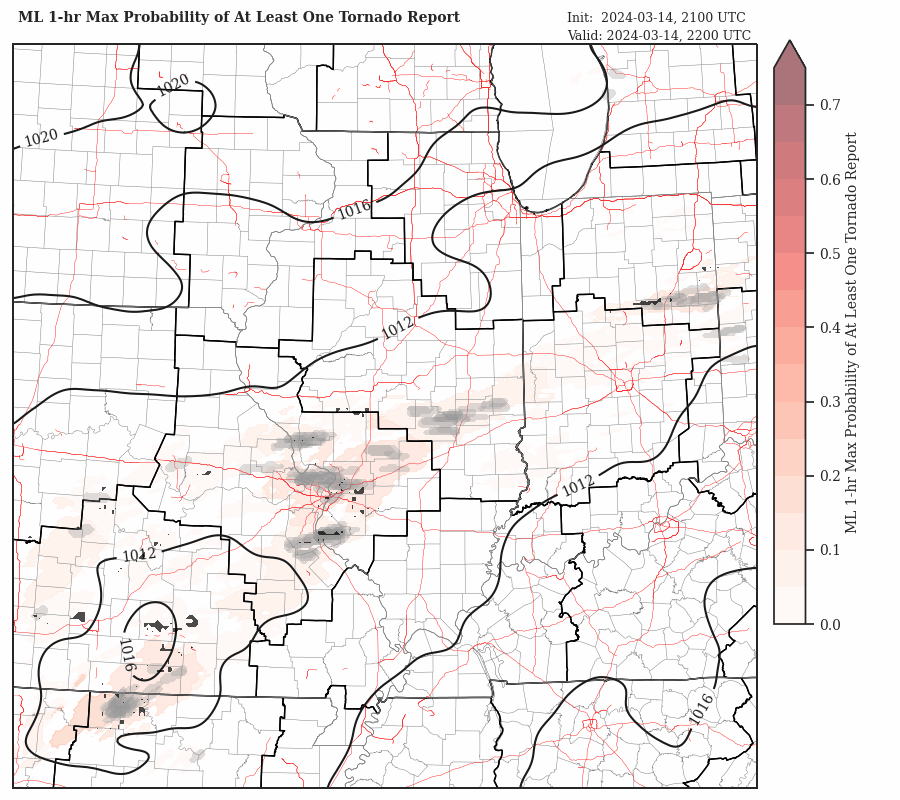 Ensemble Mean Max 1-hr Probability of at least 1 tornado report (light gray shading, MSLP - black contours, )
