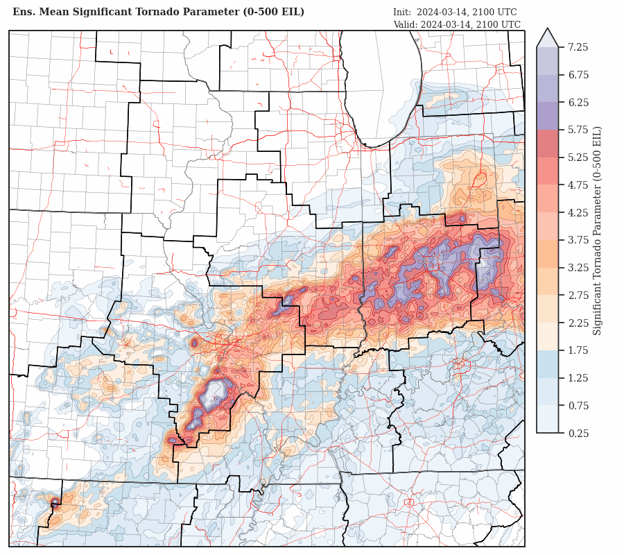 WoFS Ens Mean Sig Tor Parameter shaded over Ohio Valley