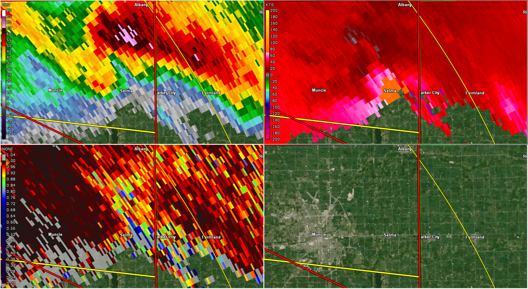Radar Image base reflectivity and storm relative velocity of Selma/Winchester Tornado