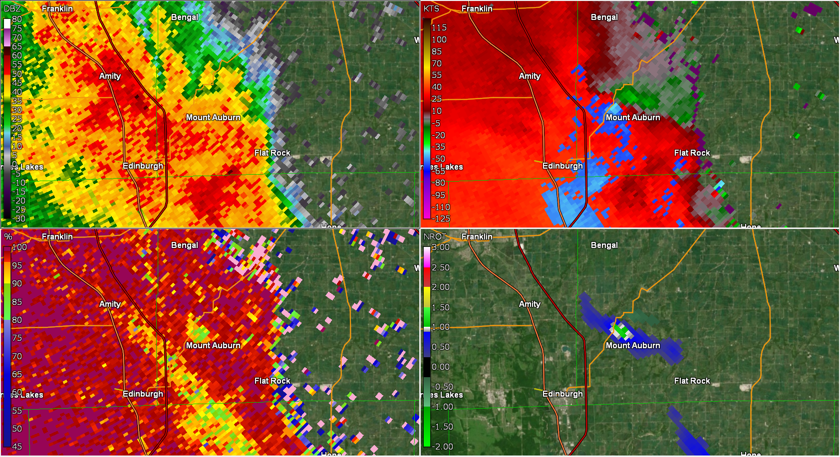 Radar/Storm Relative Velocity/CC/Rotation at 3:59 PM EDT
