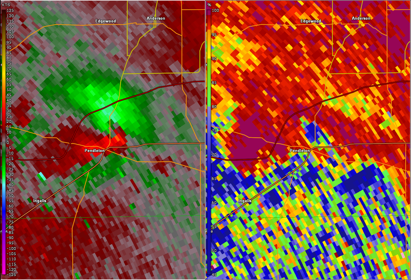 Storm Relative Velocity and Correlation Coefficient at 8:08 PM EDT