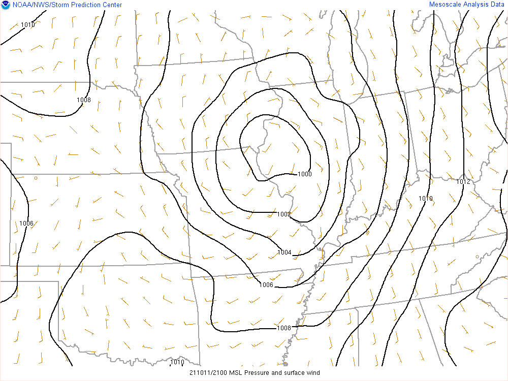 Surface pressure and wind at 5 PM EDT