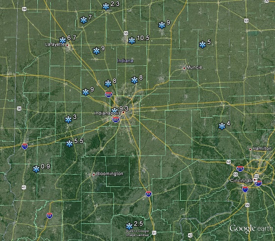 Plot of snowfall amounts for selected sites across central Indiana - Click to enlarge