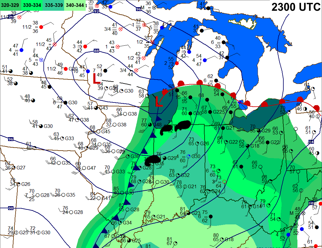 April 11, 1965 23Z Surface map with radar indicated supercells overlaid