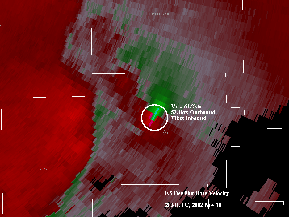 0.5 degree Velocity image of the Van Wert Tornado