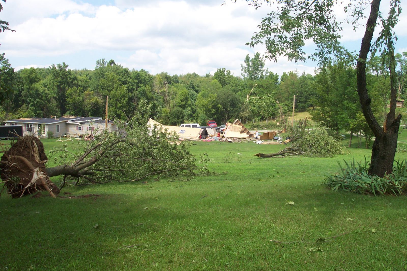 In this photo the tornado path is near the debris in the distance. The tornado passed from left to right. The tree limb in the foreground was carried inward toward the tornado path, with the drag marks visible on the ground.