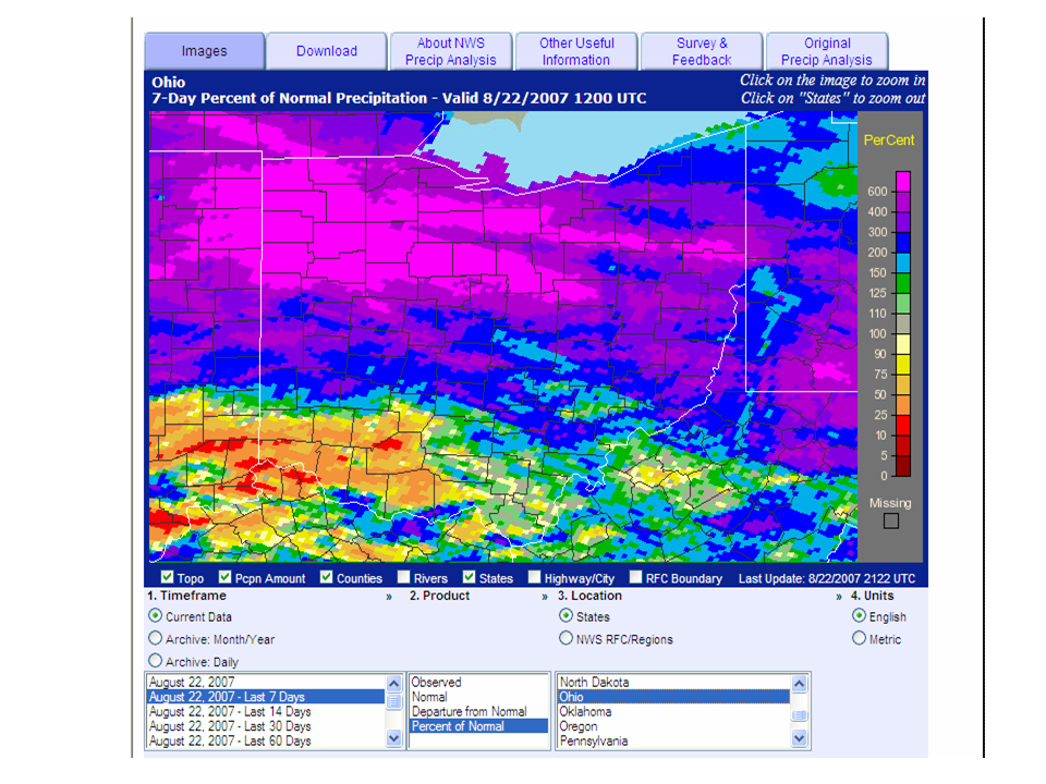 Percent of normal precipitation for 7 day period ending August 22nd, 2007