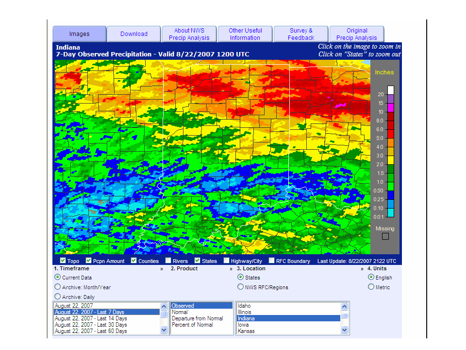 Precipitation analysis and estimate for 7 day period ending August 22nd, 2007