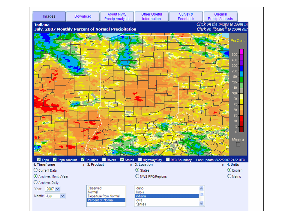 Analysis showing percent of normal precipitation for July 2007