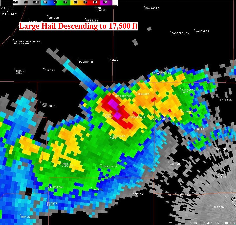 Radar reflectivity at 17,000 feet showing hail core