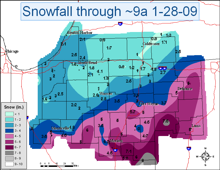 map of snowfall across northern Indiana, northwest Ohio, and southern lower Michigan