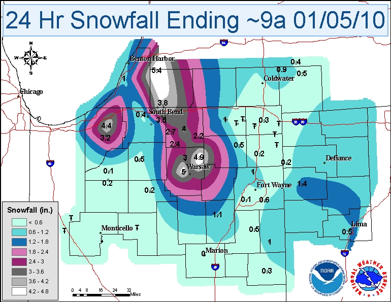 24 hour snowfall totals ending on January 5th