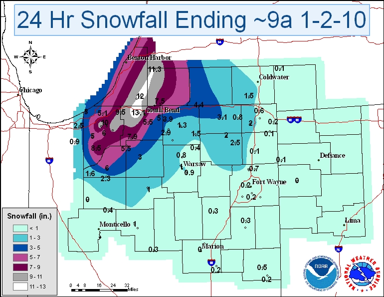 24 hour snowfall ending on January 2nd