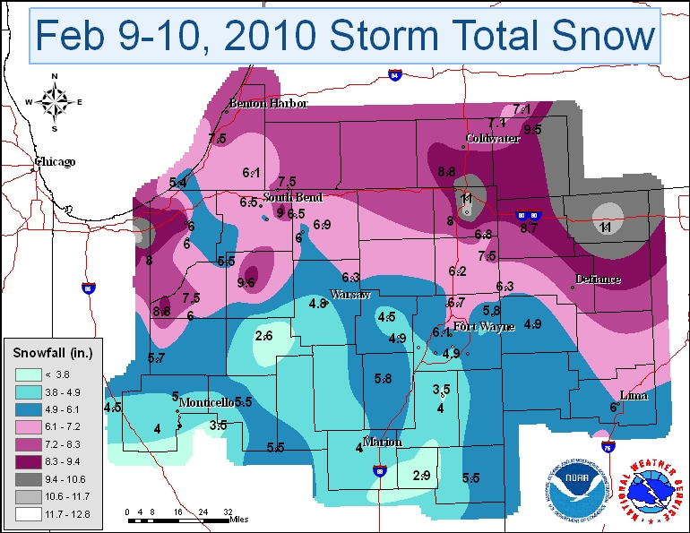 Snowfall total map from February 9th and 10th.