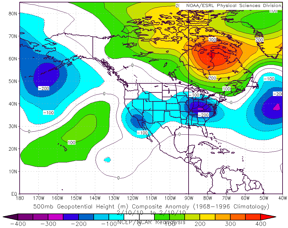 500mb Height Anomaly map from February 10th, 2010