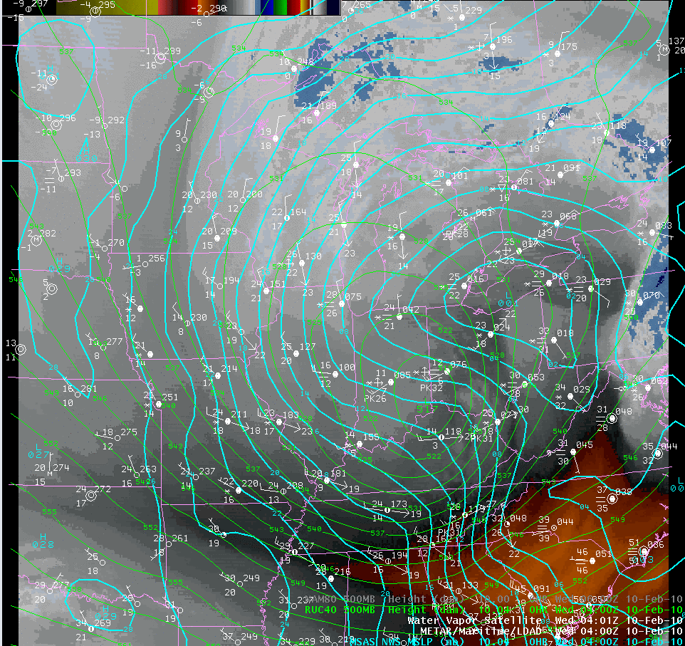 Water Vapor image from Feb 10th at 04z with pressure and observations