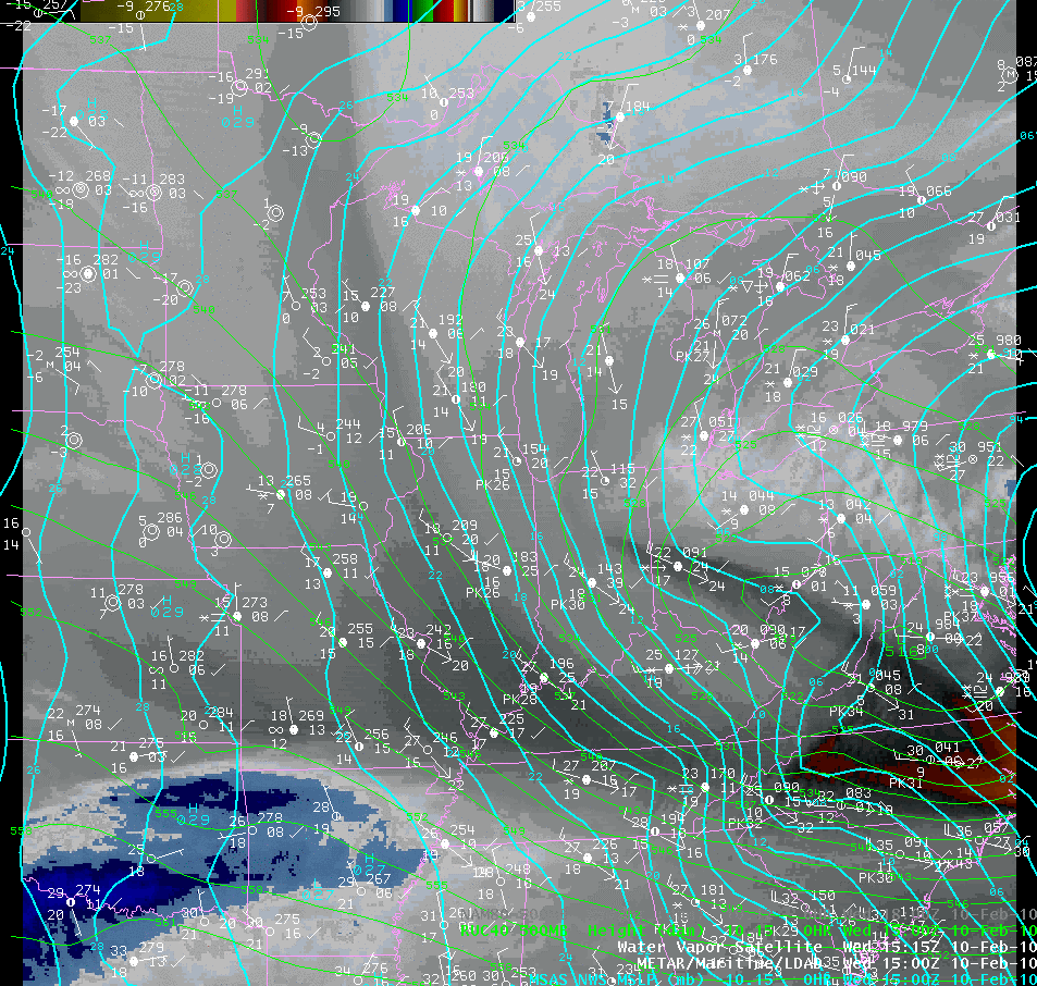 Water Vapor image from 15z on Feb. 10th with pressure and observations