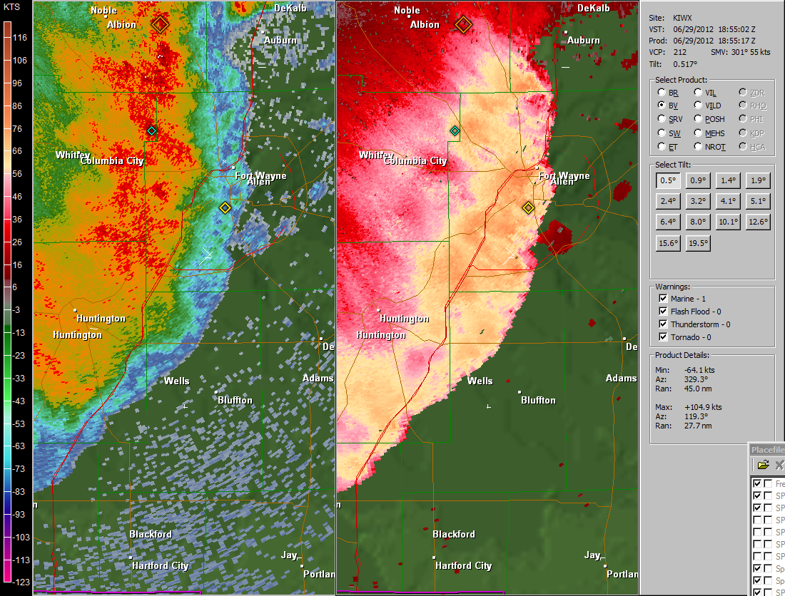 Image of radar capture showing evolution of Derecho at 255 pm EDT June 29th 2012