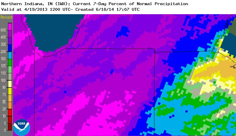 Northern Indiana, IN (IWX): Current 7-Day Percent of Normal Precipitation Valid at 4/19/2013 1200 UTC - Created 4/19/13 14:47 UTC