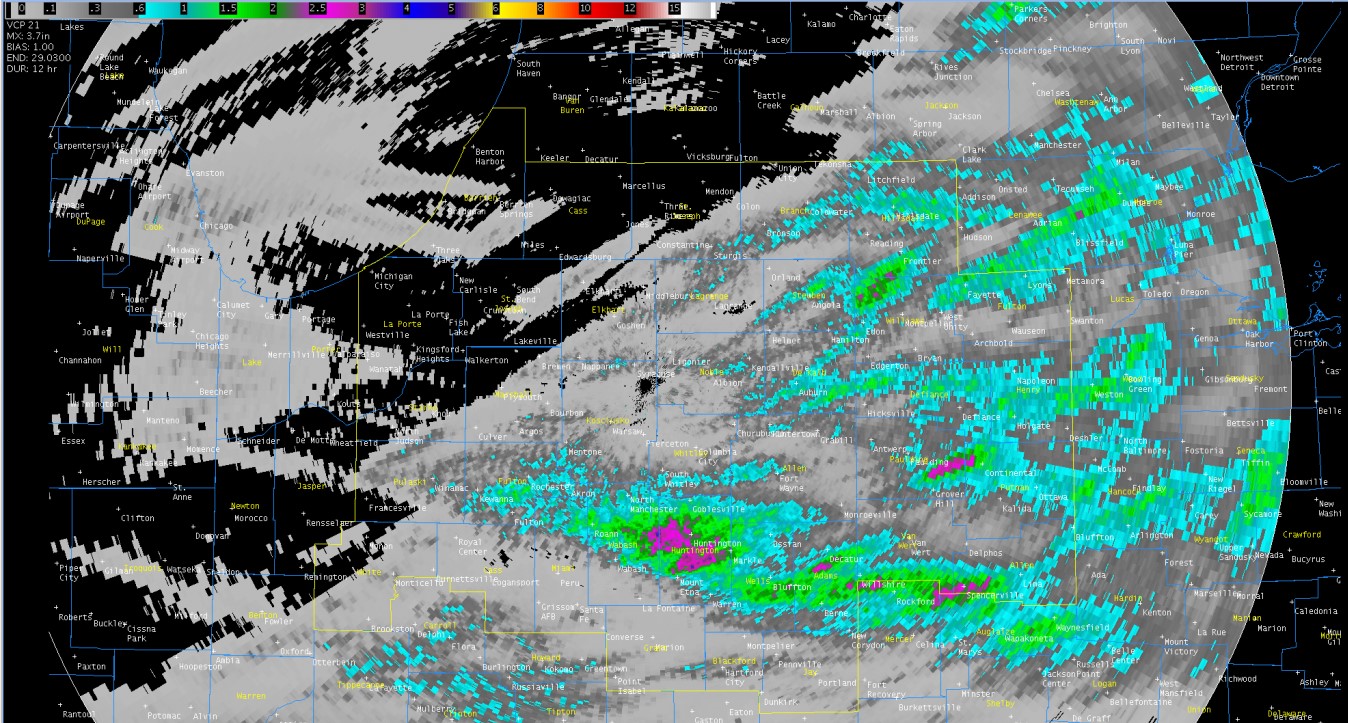 12 hour Storm Total Rainfall ending at 1100 pm EDT