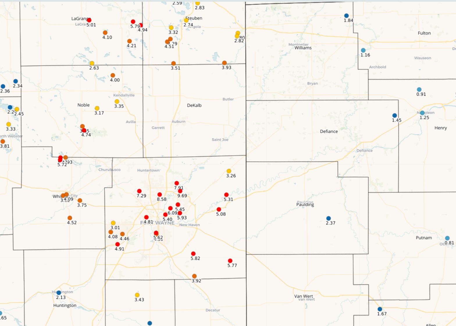 Rainfall reports for northeastern Indiana