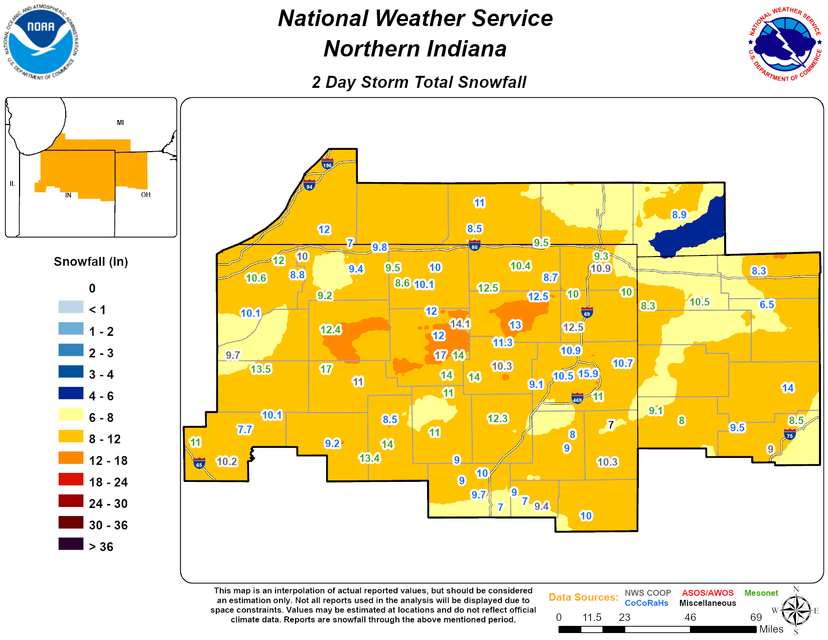 Multi-sensor QC snowfall map