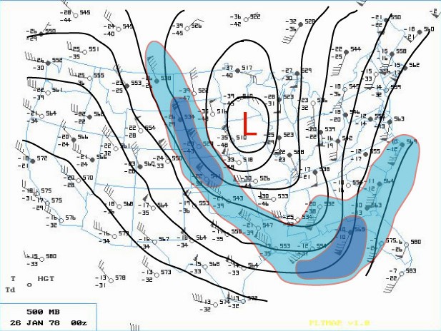 500mb chart, 00z January 26th, 1978; click to enlarge