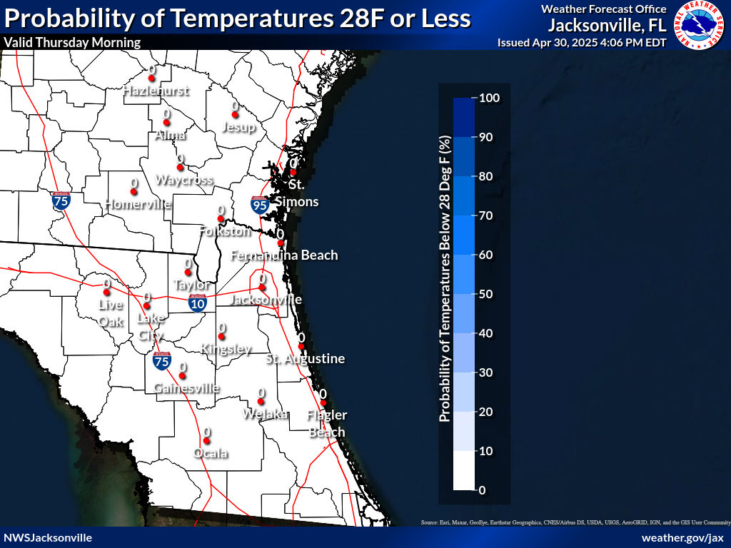 Probability of Temperature Below 28F Night 1