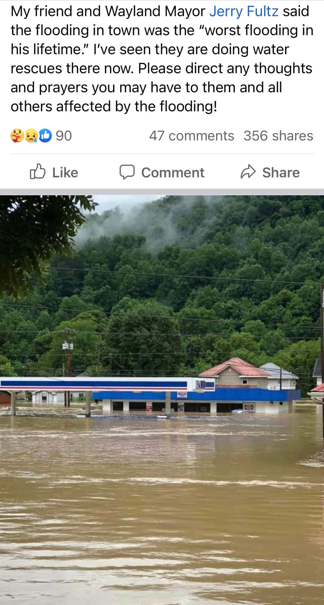 Gas station in Wayland, KY underwater due to flash flooding