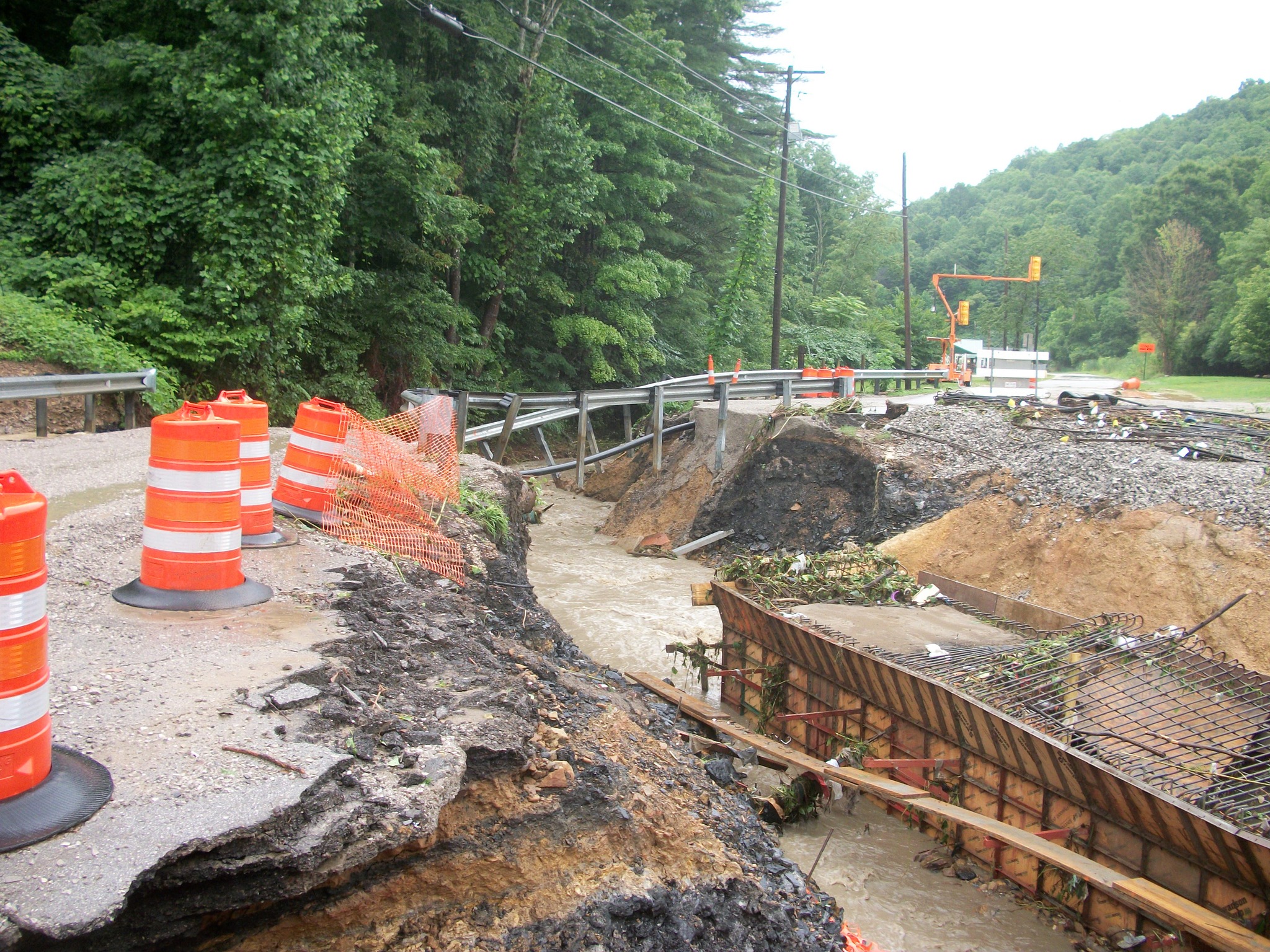 A road washed away due to flash flooding in Hardburly, KY