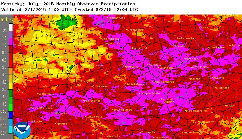 Kentucky: July, 2015 Monthly Observed Precipitation Valid at 8/1/2015 1200 UTC - Created 8/3/15 22:04 UTC