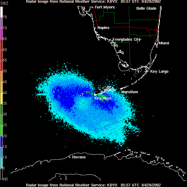 Radar image depicting bird migration in the florida keys.