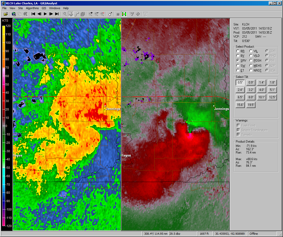 Jeff Davis Parish Radar Reflectivity/Velocity Animation