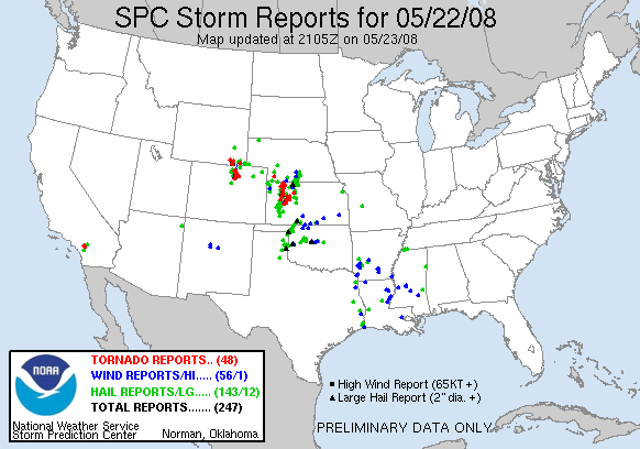 Storm reports map for 5/22/08