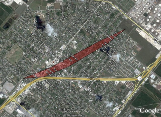 Map image of Groves tornado track