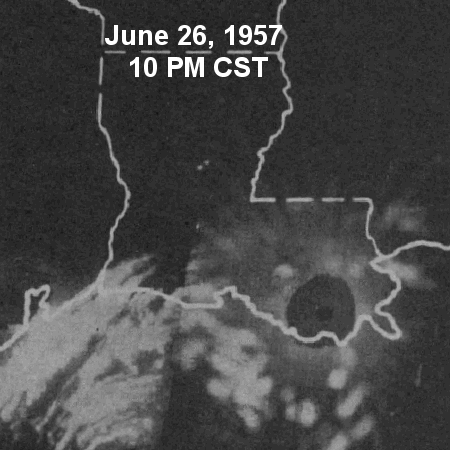 Mosaic animation of MPS-7 radars from Ellington Air Force Base in Houston TX, England Air Force Base in Alexandria, LA, and Houma, LA from June 26, 1957 at 10 PM CST through June 27, 1957 at 9 PM CST. Even several hours after landfall, Audrey's eye is still intact over Beauregard Parish, some 60 miles inland. (Imagery courtesy of Texas A&M).