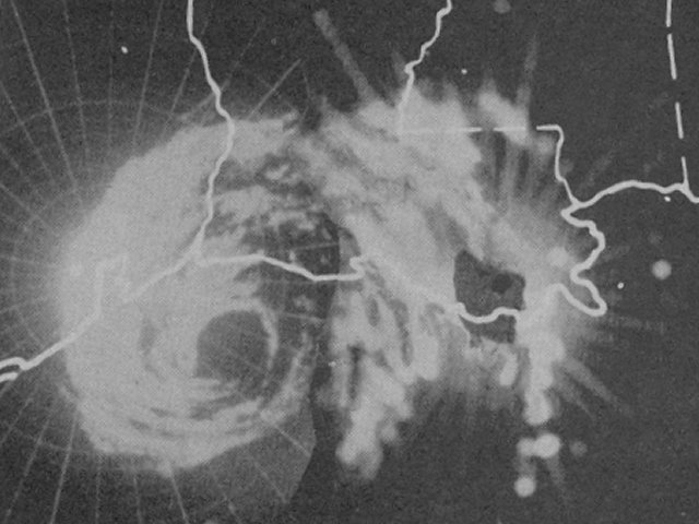 Mosaic of MPS-7 23-cm weather radars from Ellington Air Force Base in Houston TX, England Air Force Base in Alexandria, LA, and Houma, LA at 6 AM CST on June 27, 1957.