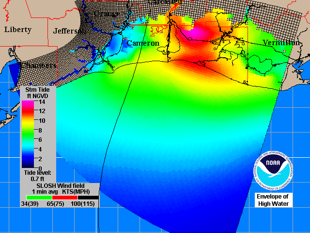 SLOSH Model of Hurricane Audrey's storm surge inundation across Southern Louisiana and Southeast Texas.