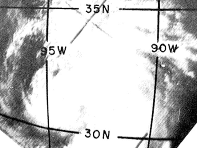 TIROS 5 visible satellite image of Tropical Depression #3Â at 10:00 AM CSTÂ on August 29, 1962.