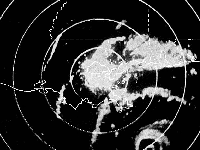 U.S. Weather Bureau New Orleans, LA WSR-57 radar animation from August 17, 1969 11:30 AM CDT to August 18, 1969 1:00 AM CDT showing Camille affecting Southeast Louisiana and landfall across the Mississippi coast.
